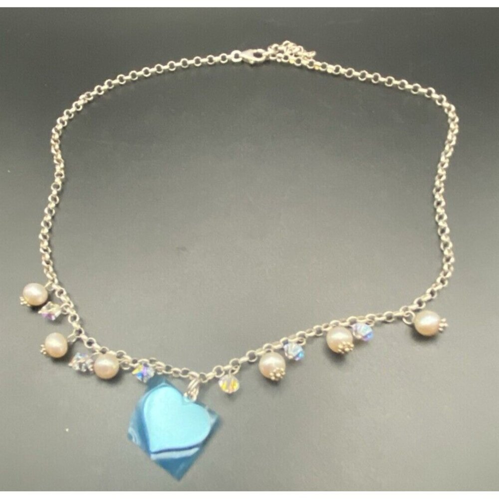 Sterling Silver Necklace Heart Natural Pearl AB Crystal Rolo Chain 16 + 1.5"